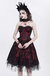 Robe gothique pour femme en dentelle avec broderie squelette imprimée et col licou rouge